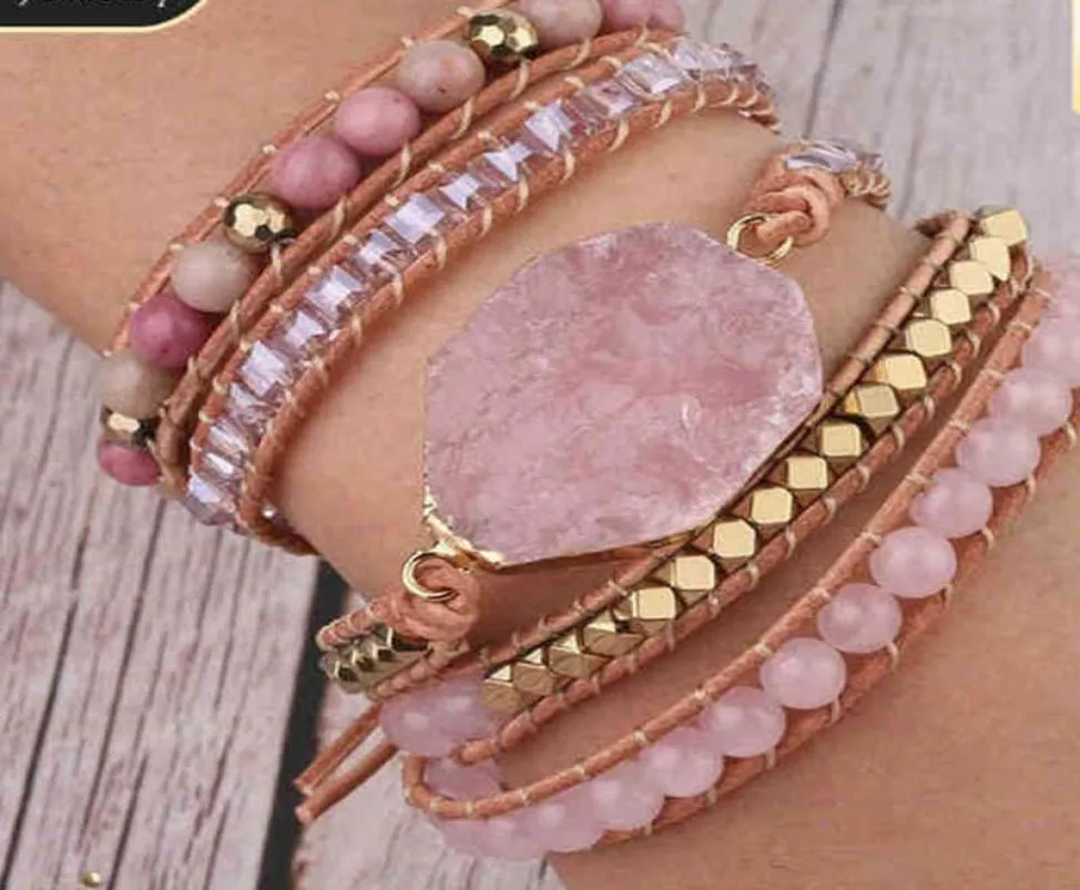 Natuurlijke stenen armband roze kwarts lederen wikkelarmbanden voor vrouwen rozengels kristal kralen bohemia sieraden 5 strand6893522