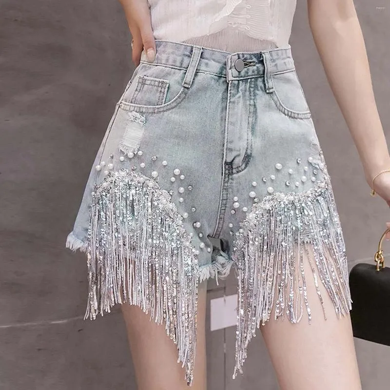Damen -Shorts Jeans Mode lässige Feste Farbe Hochtütig Diamant besetzt schweres Quasten Ein wortweites Beinhose Hipster