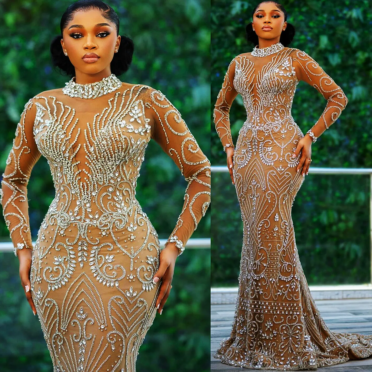 2024 Aso Ebi Illusion Mermaid Prom Dress Beaded Crystals Luxurious Evening Formal Party Second Reception 50th Birthday Engagement Gowns Dresses Robe De Soiree ZJ34