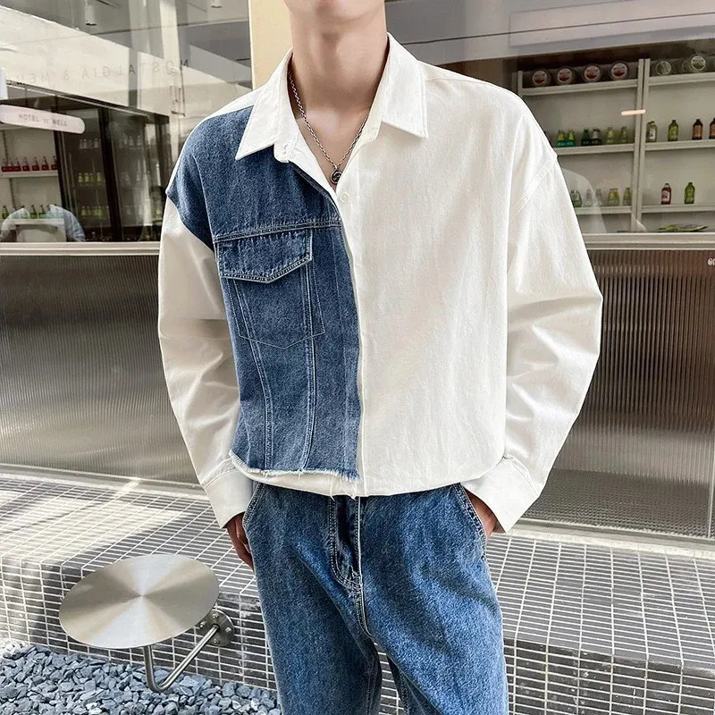 Daily Streetwear Mens Denim Patchwork Shirt Vêtements Fashion Fashion Cold-Down Long Mange Button Shirts For Men Fall Casual Tops 240502