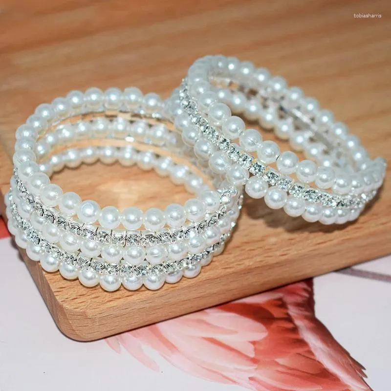 Bangle Fashion 3/5 Rows 6mm Pearls Rhinestone Multilayer Stretchable Bracelet Women Bridal Wedding Jewelry Party Accessries