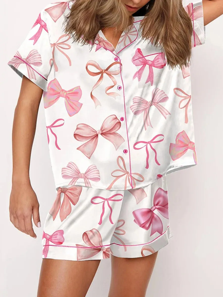 Y2k Pink Bow Silk Pajama Sets for Women Cute 2 Piece Short Sleeve Preppy Pj Lounge Shirts Shorts Sets