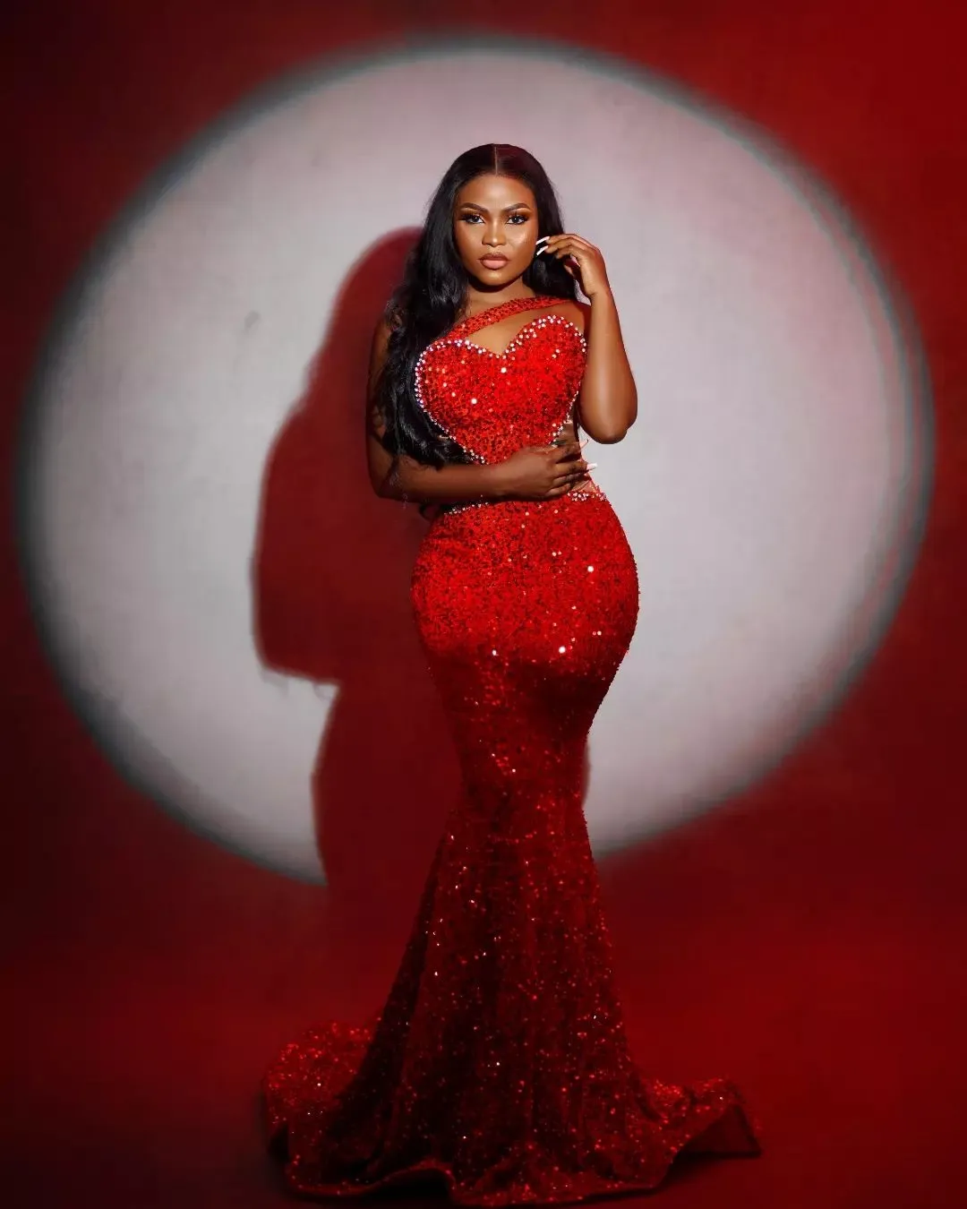 DHgate Shimmering Red Sequin Prom Dress with Lace Rhinestones and One Shoulder Illusion Design Wedding Party Events