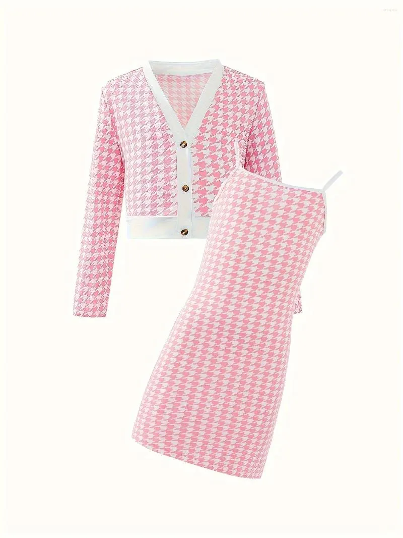 Ensembles de vêtements pour les enfants de la fille pour enfants Spring and Automne Pink Bird Grid imprimé court avec ensemble de robes de sangle suspendue