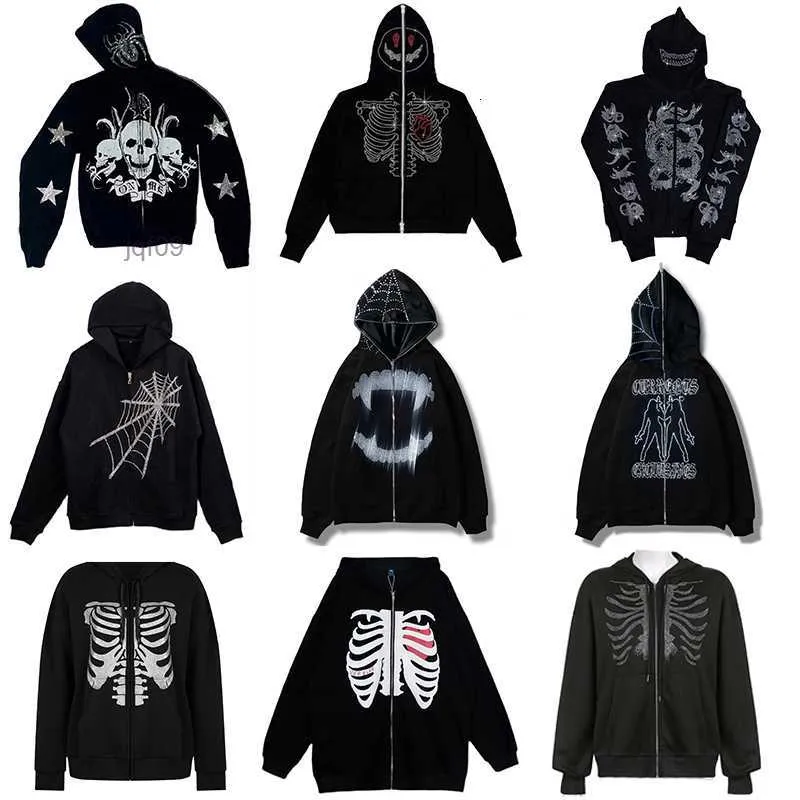Mens Hoodies Sweatshirts Rhinestones Web Skeleton Print Black Y2k Goth Long-sleeve Full Zip Oversized Jacket American Fashion -selling 221206 D5R5
