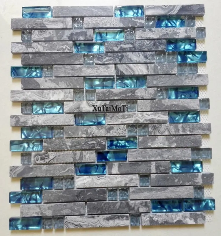 11pcs grauer Marmor Mosaik Blaues Glasfliesen Küchentile Backsplash Badezimmer Hintergrund dekorative Wand Kamin Stange Stein Wandfliesen7871906