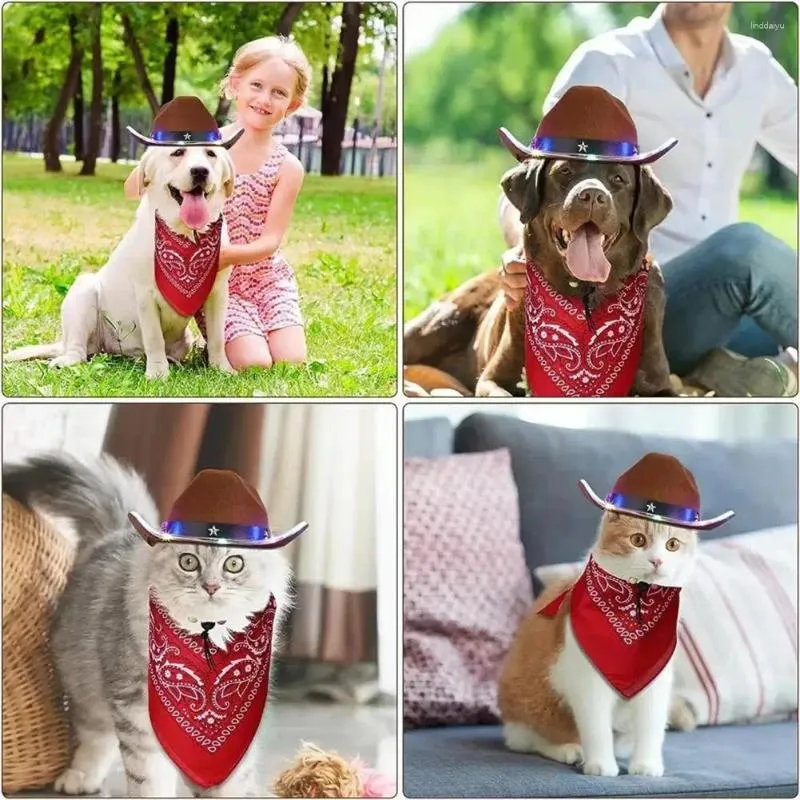 Cowboy Hat and Scarf Set for Dogs Adjustable Bandana Costume with Lights Perfect for Parties