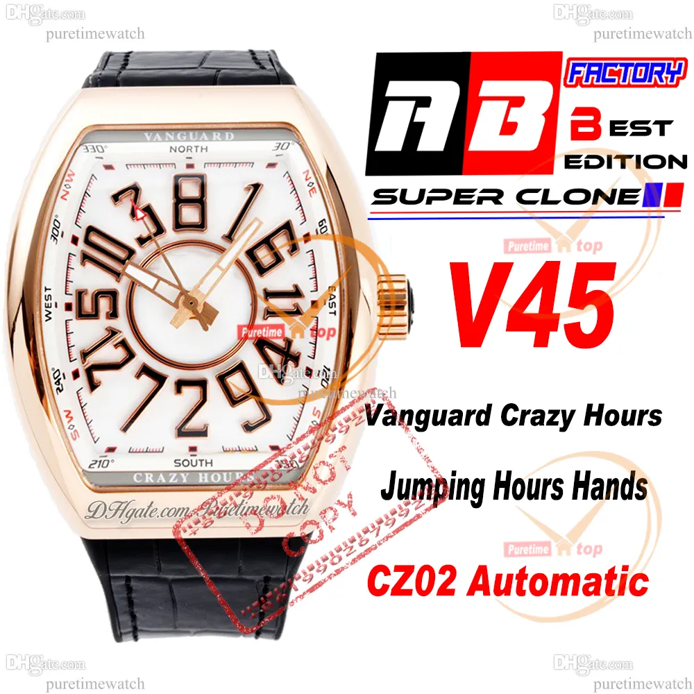 Vanguard gekke uren CZ02 Automatische heren Watch Rose Gold White Dial 3d Black Number Markers Gummy Strap Super Ediiton Puretime Reloj Hombre Montre Hommes Ptfm