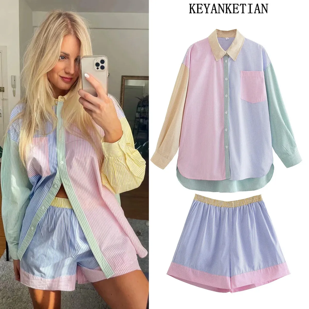 Keyanket Womens Fashion Appuyez sur Color Striped Print Top Hadies Butted Casual Shorts Shirts Two-Mice Summer 240429