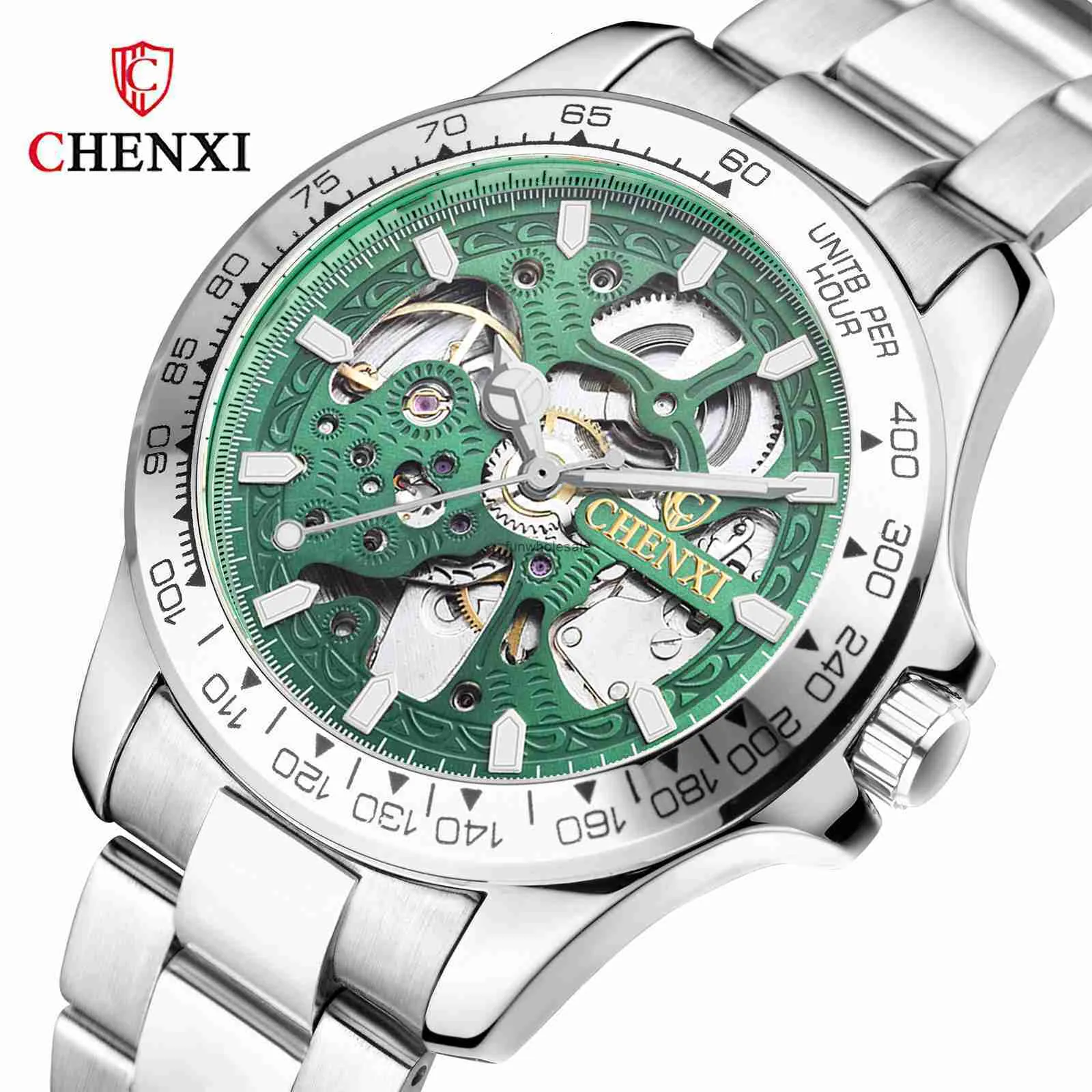 Chenxi Dawn Hollow W pełni automatyczny zegarek mechaniczny Modna wodna noc Glow Waterproof Waterproof Męs Stal Zegarek mechaniczny