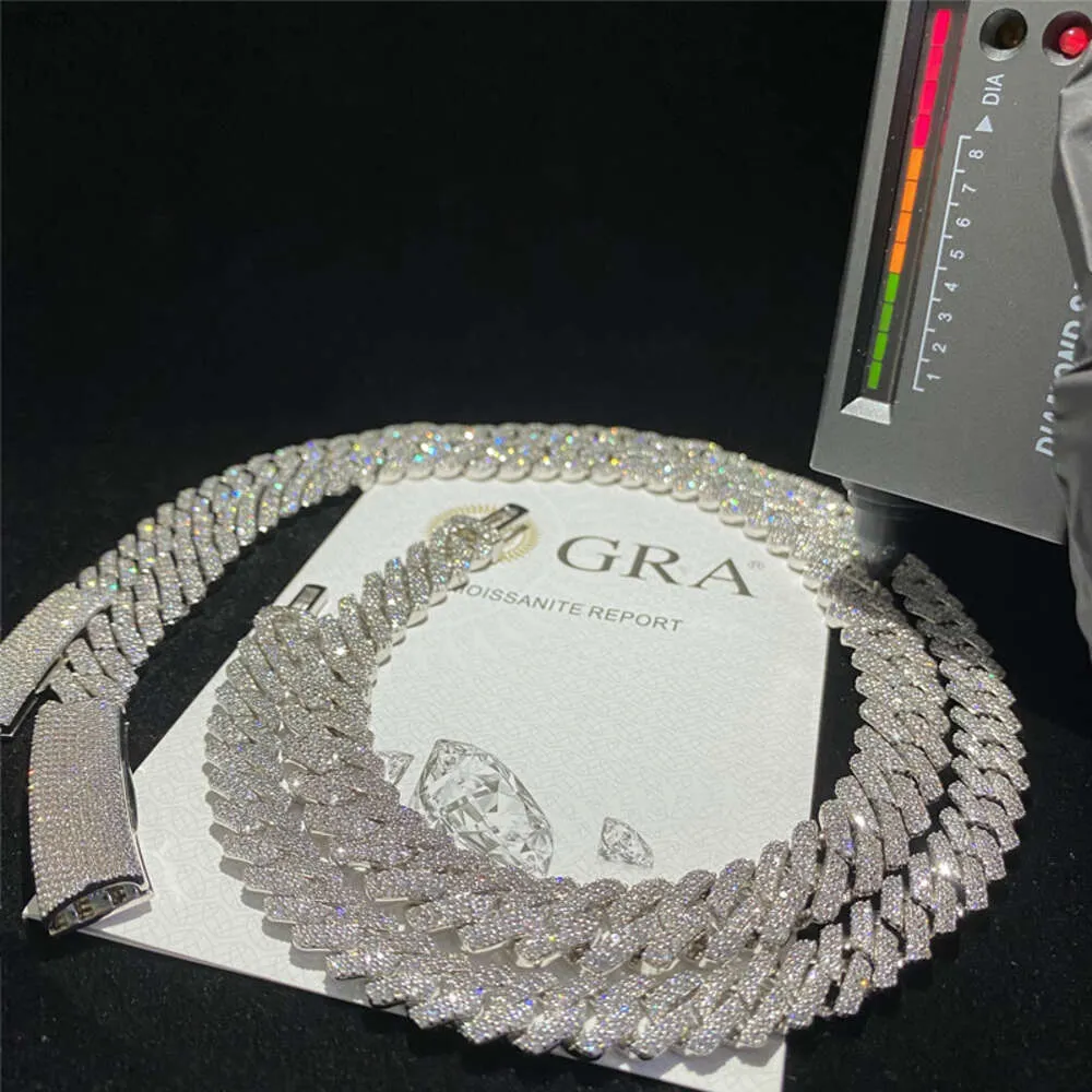 Сертификат GRA Moissanite Diamond 10 мм 12 мм шириной серебряный цепь кубинской связи для мужского ожерелья хип -хопа