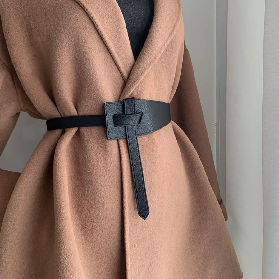 Kvinnor Bälte Kvinna Pu Leather Black Coffee Bow Leisure Belt för klänning Fashion Bownot Winter Knot Straps Coat Accessories 224W