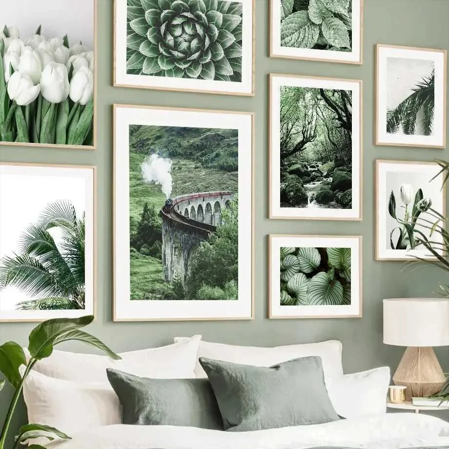 MMER Paisaje Paisaje Canvas Arte de pared Field Hojas verdes y flores blancas Carteles de paisaje e impresión Decoración moderna del hogar J240505