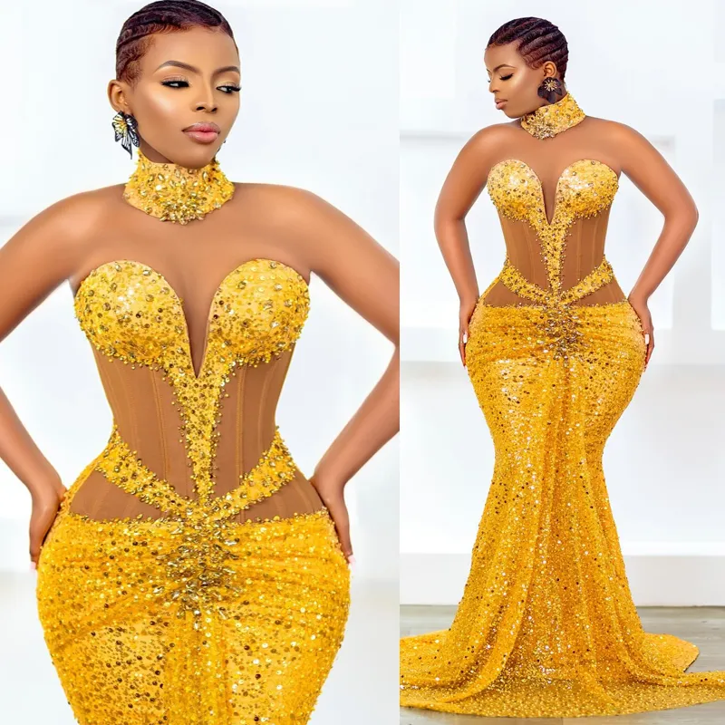 2024 Gold Prom Dresses for Black Women Promdress High Neck Illusion Evening Dresses Elegant Beaded Sequined Lace Birthday Party Dress Second Reception Gowns AM841