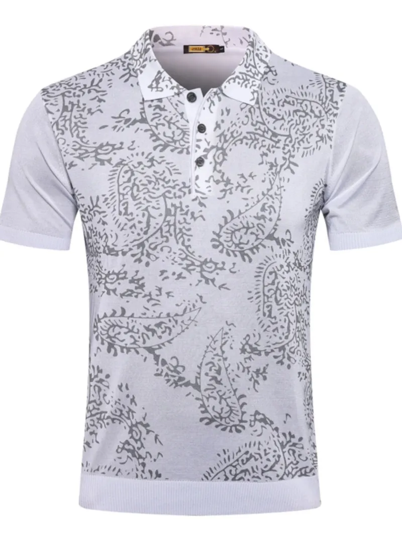 男性Tシャツ夏のシルクZilliプリントボタンカジュアル通気性ニット半袖Tシャツ