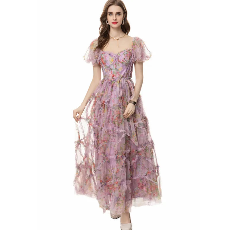Womens Printed Layered Mesh Sweetheart Neckline Short Sleeve Ankle-Length  A-Line Maxi Dress from Dhgate Runway Dresses - price 85.07