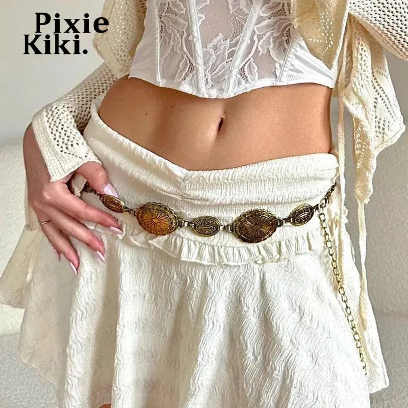 Pixiekiki Y2K Style Silver Gold Chain Belts for Women Apparel Association Boho Vintage Hippie Belt P67-BZ13 240422