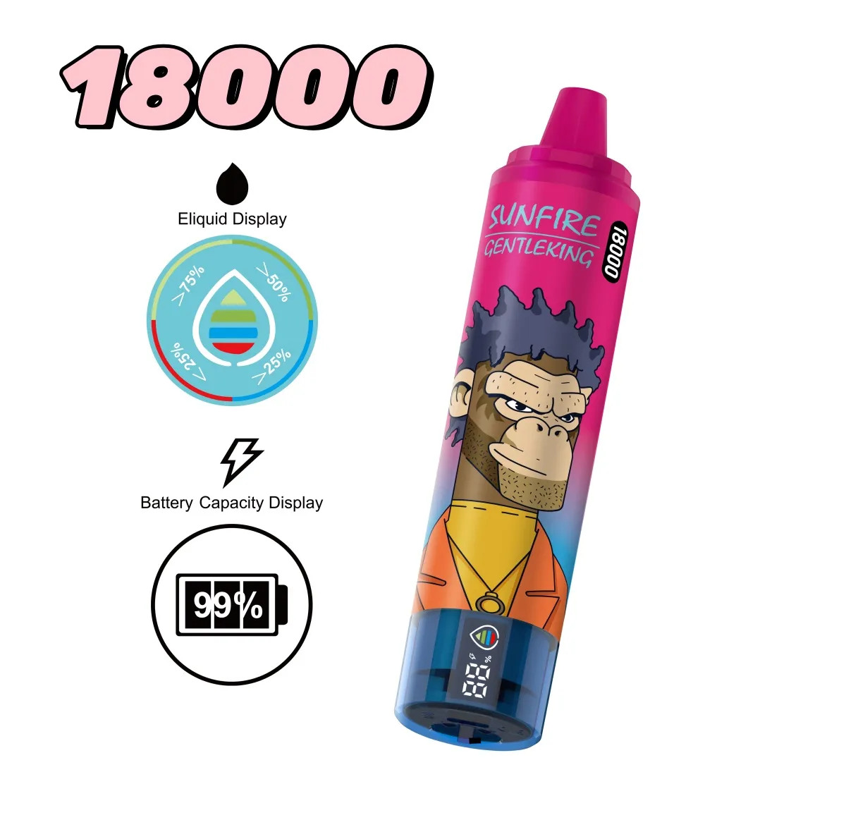 Europa Original Sunfire Digital 18000 Puff 18000 Einweg -Vaper E -Zigaretten 0,9OHM Mesh Spulencode Puff 15000 0% 2% 3% 5% 850 mAh wiederaufladbarer Akku 25ml Gerätestift