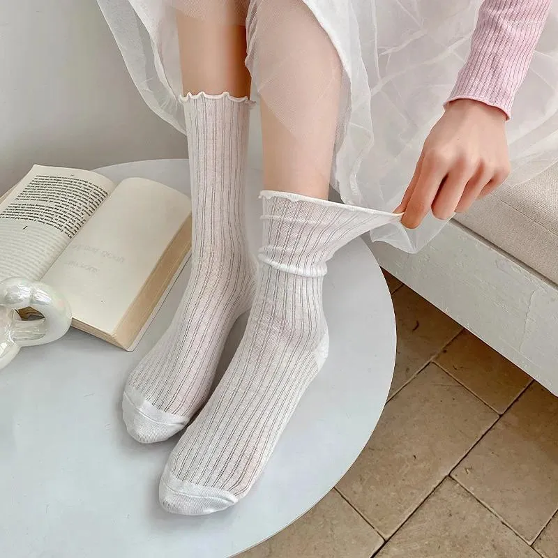 Women Socks Summer Thin Breathable Ruffle Korean Fashion Solid Color Loose Long JK Japanese Style Lolita Kawaii Cute