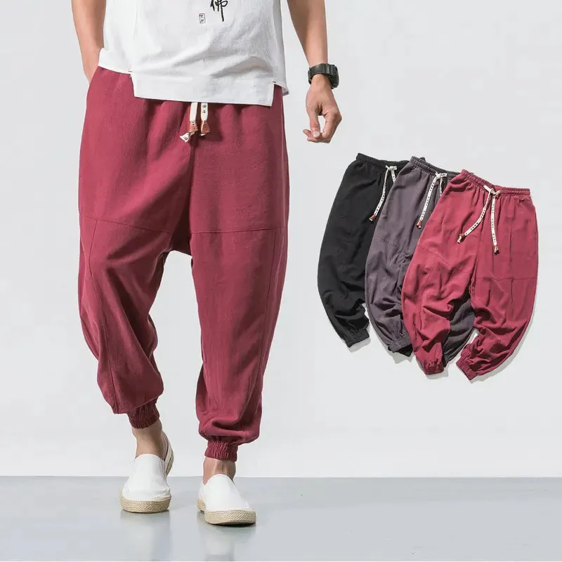 Gevşek Harem Pantolon Mens Pamuk Keten Harajuku Tarzı Düz ​​Renk Vintage Pantolon Sokak Giyim Sweetpants Büyük Boyut 5XL 240429