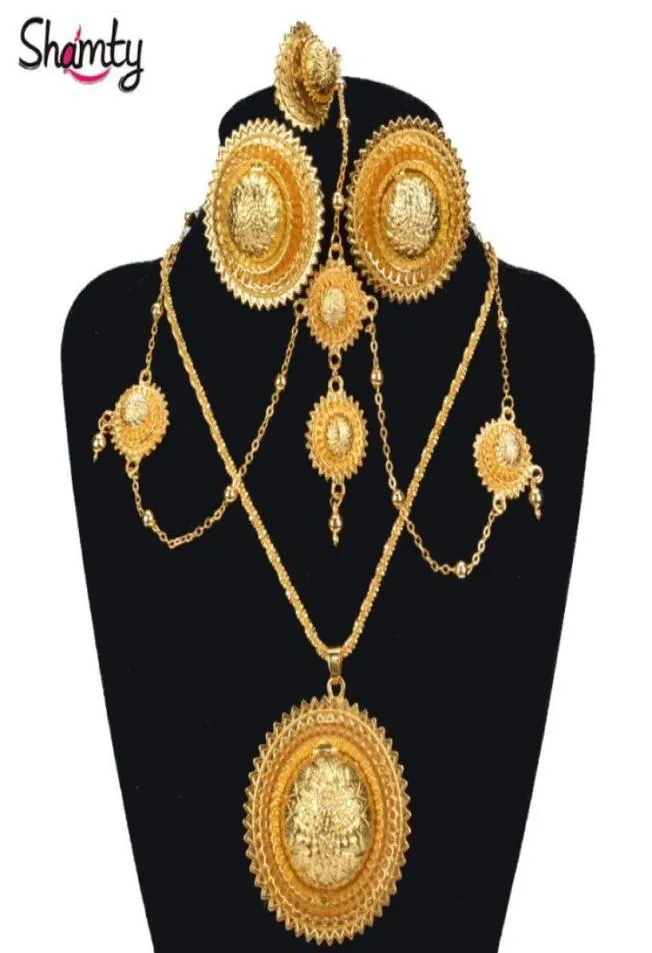 Shamty Ethiopian Bridal Schmuck setzt reine goldene Farbe Afrikanische Hochzeit Ohrringe Halsketten Ringe Kopfschmuck Set Habesha Style A30036 J1557608