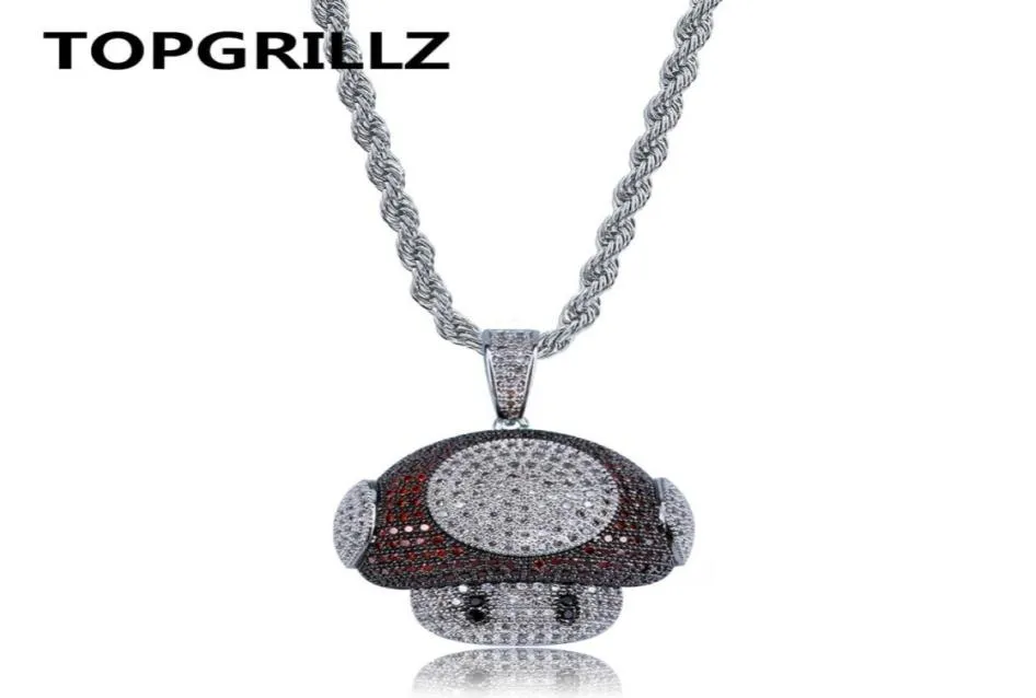 TOPGRILLZ Hip Hop Shiny Colorful Mushroom Pendant Necklace Charm For Men Women Gold Silver Color Cubic Zircon Jewelry Rope Chain7243419