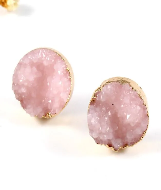 Bijoux 1 par naturligt druzy sten örhänge enkla studörhängen guldfärg rosa röd runda drusy öronstud för kvinnor smycken2052820