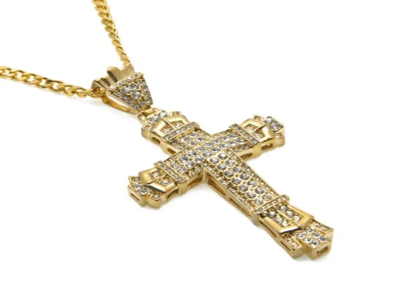 MENS BLING ICED ut 18K Gold Plated Hip Hop Rhinestones Crystal Cross Pendant Necklace Cuban Link Chain Men smycken NecklaciSpend3256482