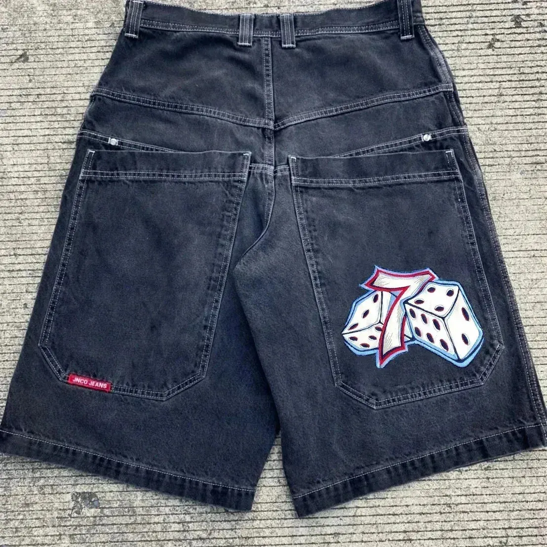 Y2Kレトロハラジュク7サイコログラフィック刺繍JNCOショーツメンズバギーデニムジムヒップホップゴシックバスケットボールジョートスウェットパンツ240429