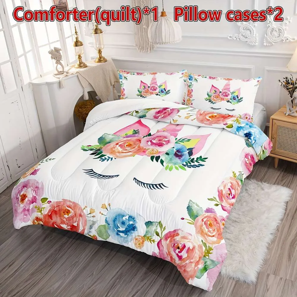 COUVERTURE DE DUVE AHERCOLOR FLORNE UNICORN PRINT COMFORTER SET des filles Boys, Soft Conforting Liberd Set, pour la chambre à coucher du dortoir 1 * Countreur + 2 *