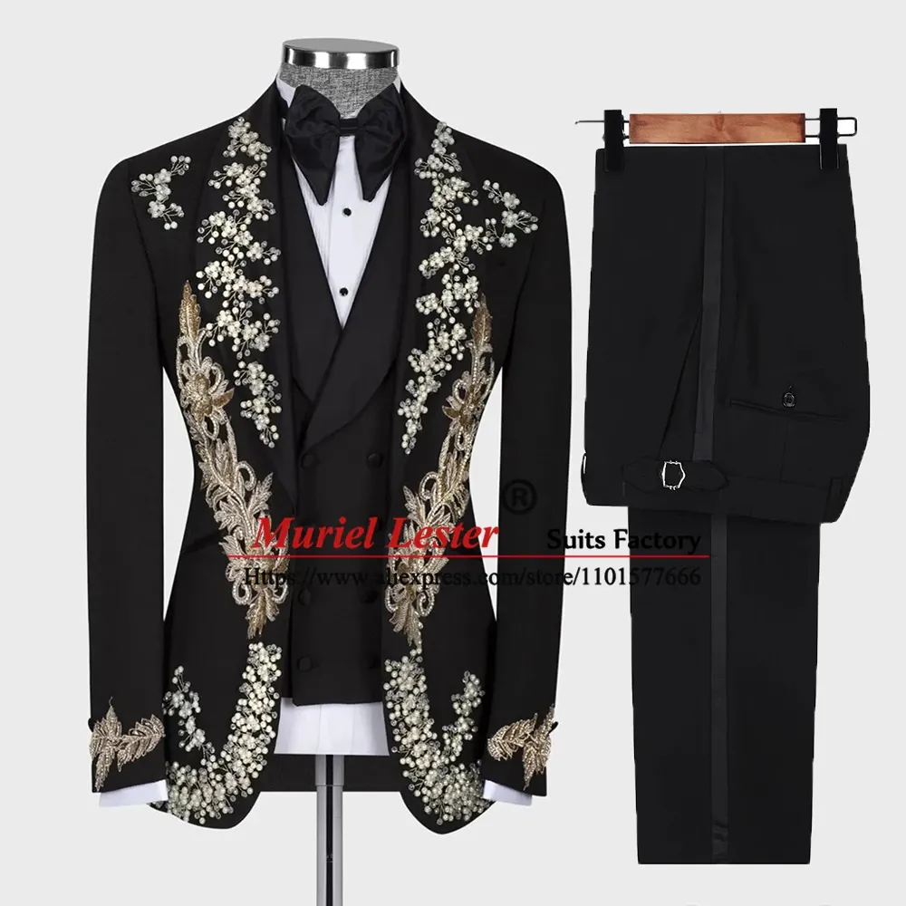 Blazer Groom Men Ter Suits Slim Fit Apliques de miçangas de casamento Tuxedo sob medida fez 3 peças roupas masculinas de moda de baile de formatura roupas de moda
