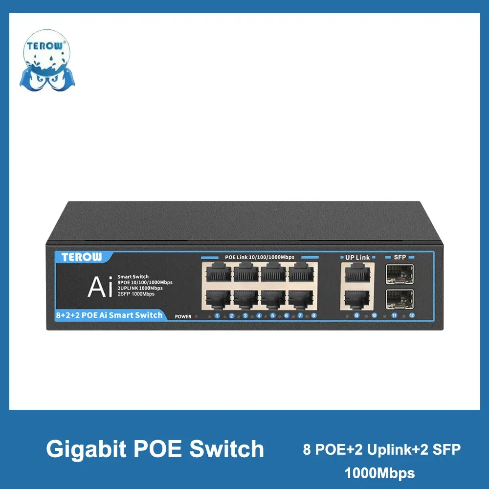 Schakelt terow gigabit switch 8 poorten POE Switch 2uPlink 2 SFP Fast Switch Buildin voeding 52V 12W voor IP -camera draadloos AP