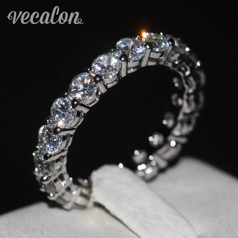 Vecalon Women Band Ring Round Cut 4mm Simulated Diamond CZ 925 Sterling Silver Engagement Wedding Ring for Women Fashion Jewelry 287G