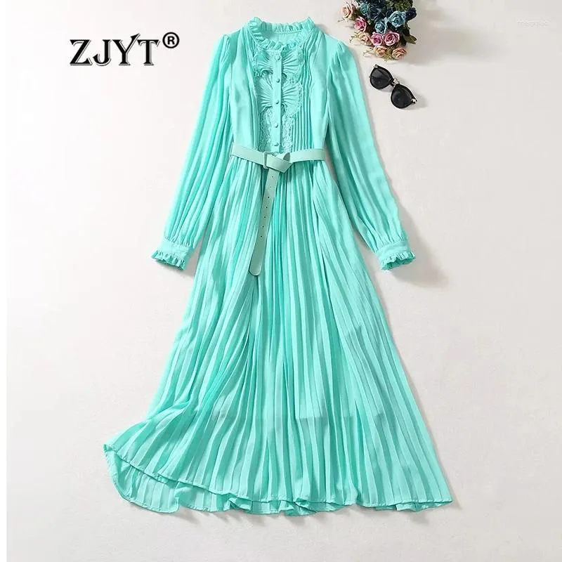 Lässige Kleider Zjyt Chiffon Lange für Frauen Ärmeln grüne Rüschen Patchwork Plissee Partykleid Elegante Urlaubs Vestidos Frühling 2024