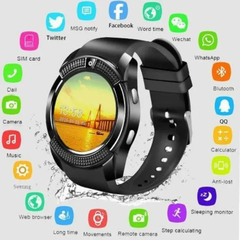 Bekijkt nieuwe V8 Plus Smart Watch ondersteunt Sim Card Sync Connection WhatsApp Twitter Facebook Men Dames Sport Waterdichte stappenteller Watch