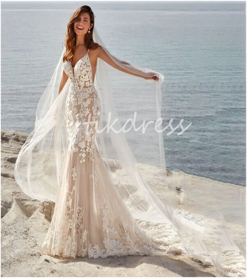 Boho Champagne Wedding Dresses 2024 Sexy Backless Lace Bohemian Beach Bride Dress Destination Gatsby Hispanic Bridal Gowns Elegant Robe De Mariage Country Novias