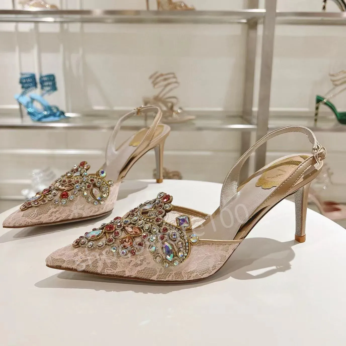 Chaussures René Caovilla Margot Sandales en daim embelli Sandals Strass Stretto 9,5 Talons Designers de luxe à talons hauts pour femmes