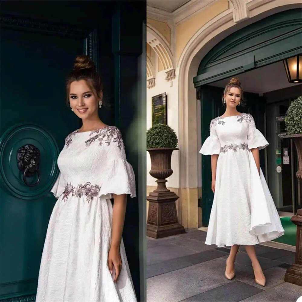 Design A Fashion Kleider neueste Linie Hochzeit Kurzärmel 3d Blumenarzt Strandbrautkleider benutzerdefinierte Made -Knöchel -Robe de Mariee Ppliqued Nkle