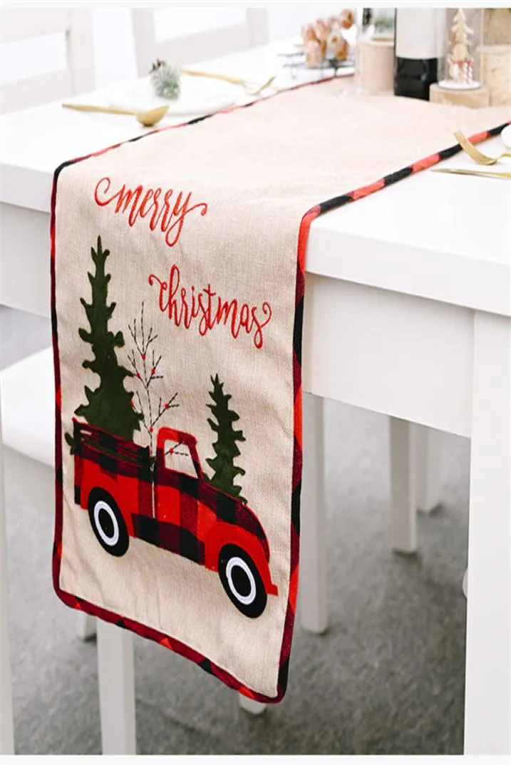 Weihnachtsbaumstoff -Feiertagstisch Läufer Retro Weihnachtsfarm Buffalo Check Red LKW -Drucktisch Flag 71quot JK2010XB4367636