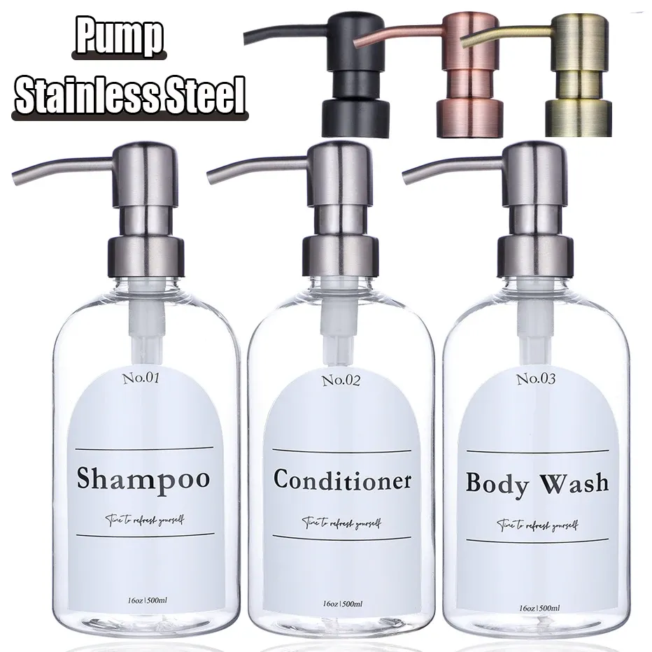Flaskor Rensa schampo Conditioner Body Wash Dispenser Set med tungt rostfritt stål Pump Plastiska dusch tvåldispenserflaskor
