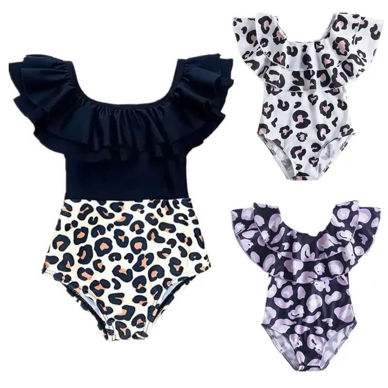 Swimwear Leopard Print One Piece Swimsuit pour les bébés filles Summer Summer Sleeve Mignon Nouveau maillot de baignade