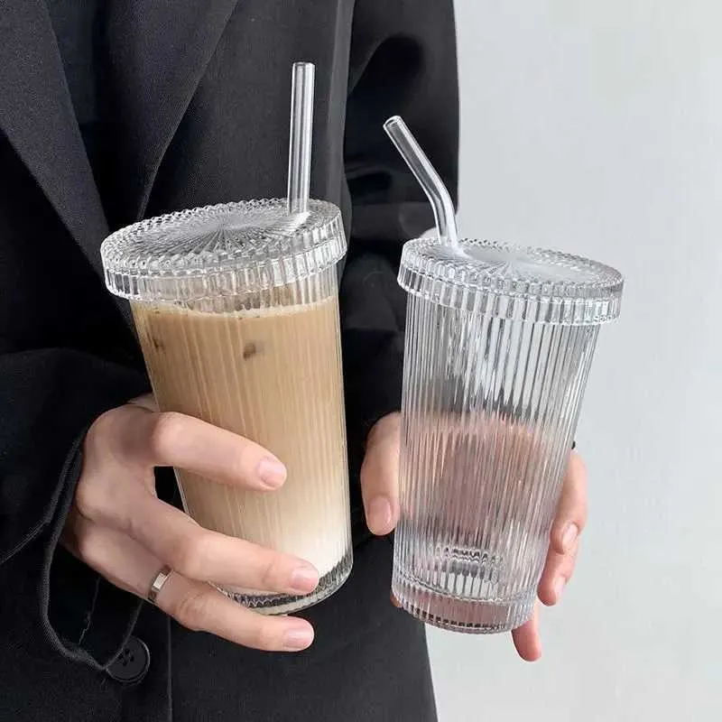 Tumblers 375 ml streepglas kopje met deksel en stro transparant theeglas bier kan sap sap coffee mug drinkware dessert H240506