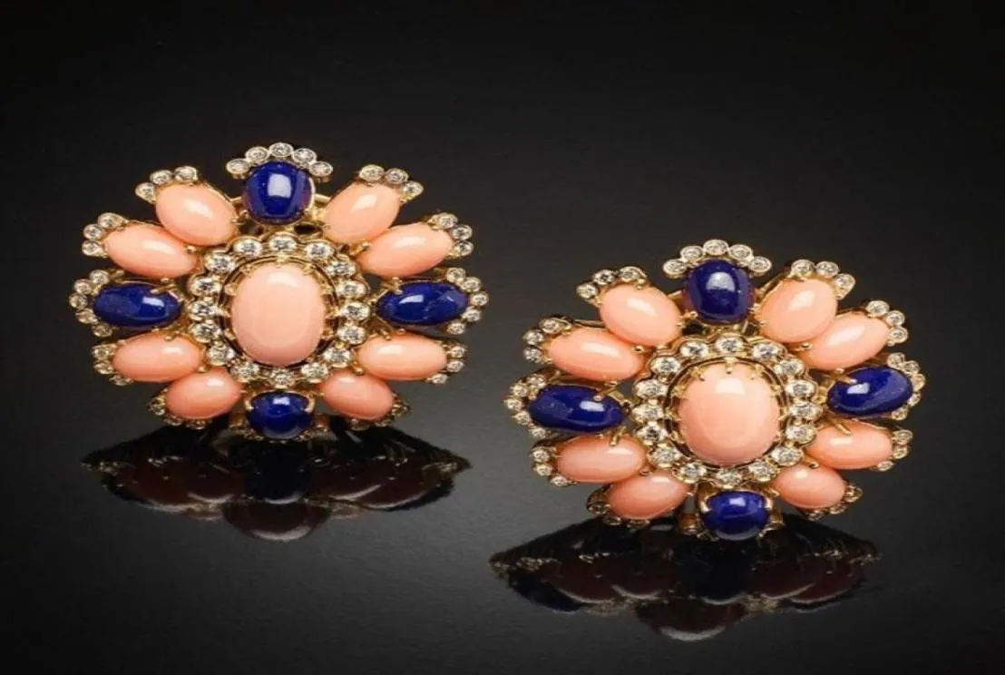 Stud prachtige bloemkristallen koraal kleur stenen oorrangbuds charms accessoires donkerblauw ornament vrouwelijke grote oorbellen z5x5697650522222