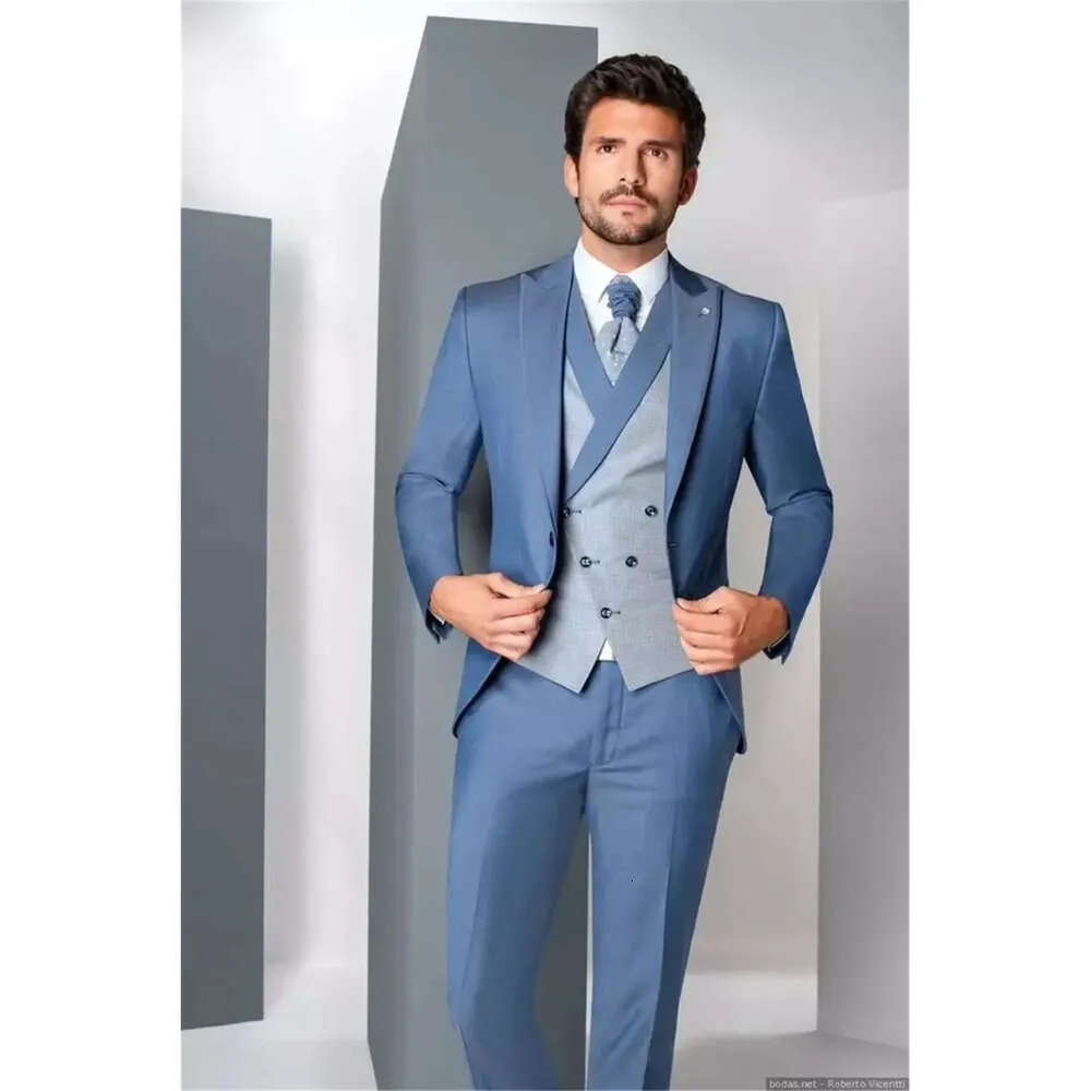 Hommes les plus récents pièces magnifiques mariage 3 combinaisons smokings sur mesure coton beau blaser formel Business Mabe + Pant + gilet