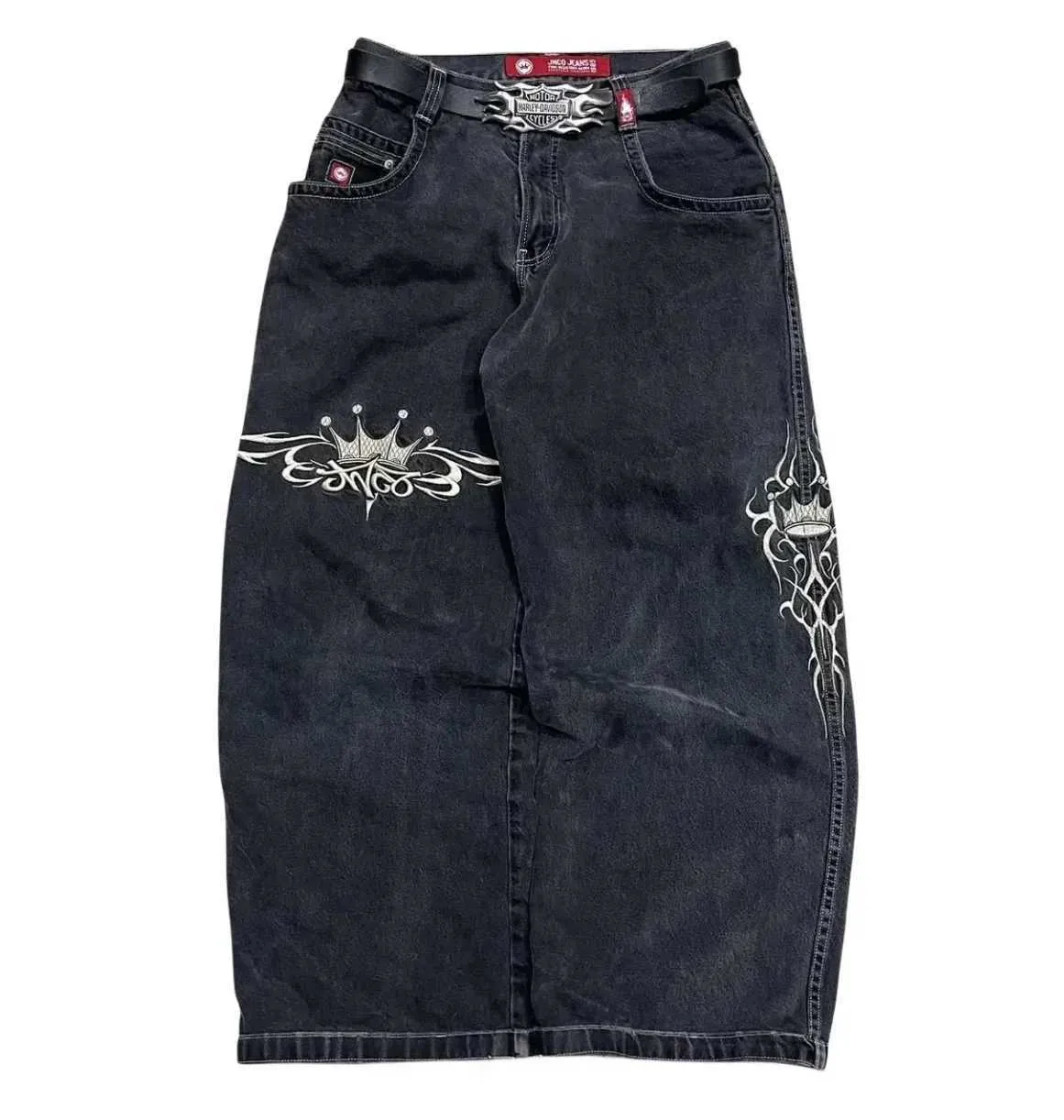 Mäns jeans jnco jeans nya herrar harajuku retro hip-hop skalle broderade fick jeans denim byxor 90th street gothic wide byxor gata kläd2405