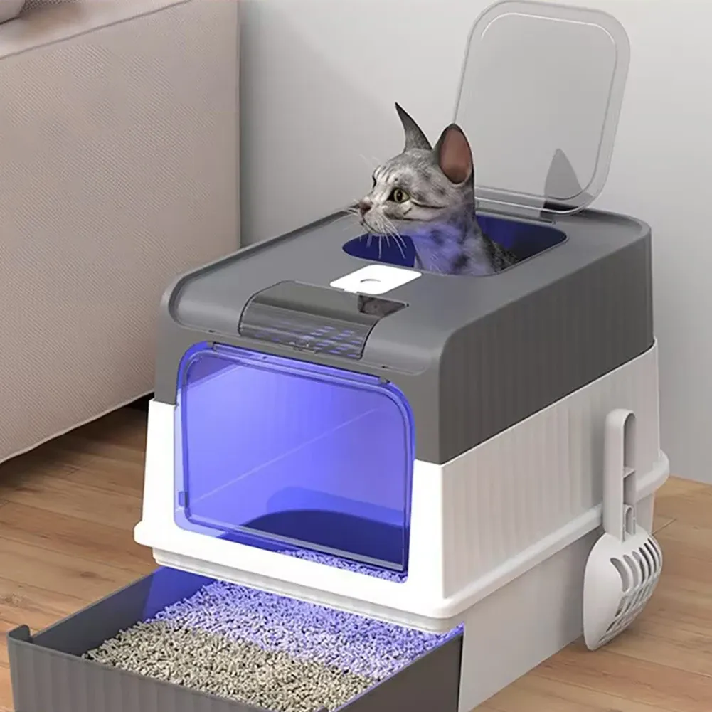 Boxen Katzenstreubox mit UVC Ultraviolettfunktion Großer geschlossener oberer Eingang Antisplashing -Katzentoilette mit Deckel bequemer Autooff