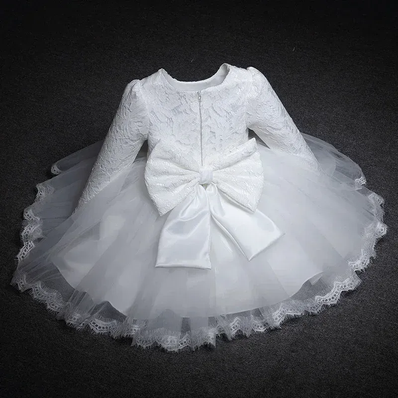 Klänningar baby flickor långärmad klänningar för fest bröllop spetsar stora bågklänningar spädbarn flicka 1: a födelsedag prinsessan vit dop klänning