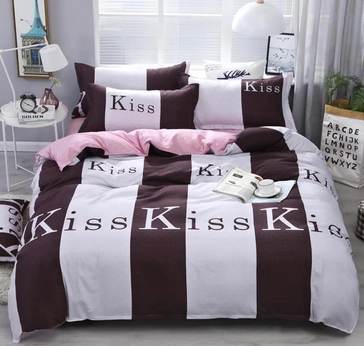 57Coffee White Stripe Muster Duvet Cover Flat Bettlaken Kissenbezug König Königin Full Twin Bettwäsche Set Weiches Bettspricht 2010218730430