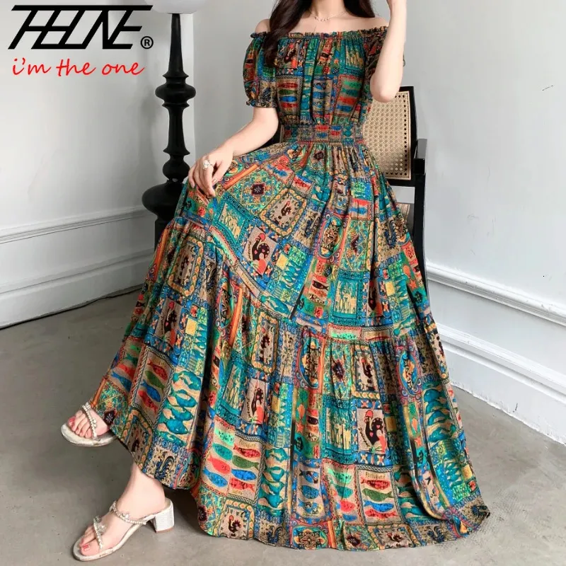 Thhone Vestidos Robe Maxi Long Dres Summer Indian Clothes Bohemian Cotton Linen Floral Short Sleeve Korean Style Casual 240418