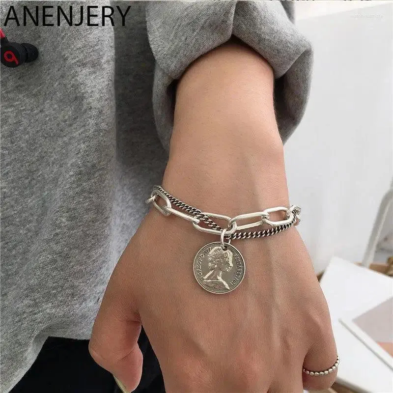 Pulseiras de link Anenjeter Silver Color Round Coin Bracelet para homens homens de grossa Cadeia tailandesa Presentes